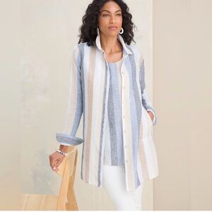 CHICOS No Iron Linen Striped Button Down Tunic Pockets Size 2 US 12